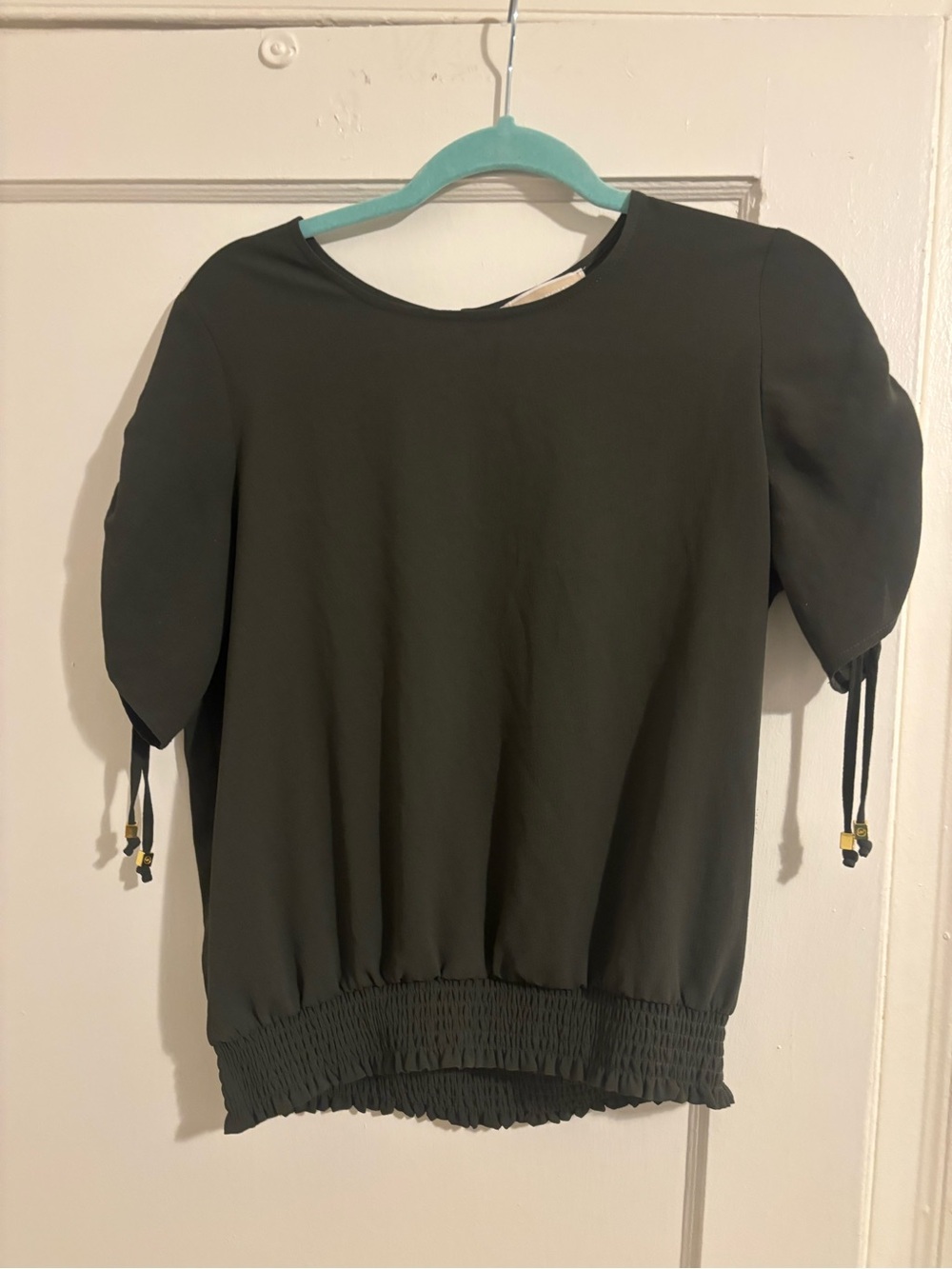 MICHAEL Michael Kors Olive Green Short Sleeve Blouse with Tie Details
